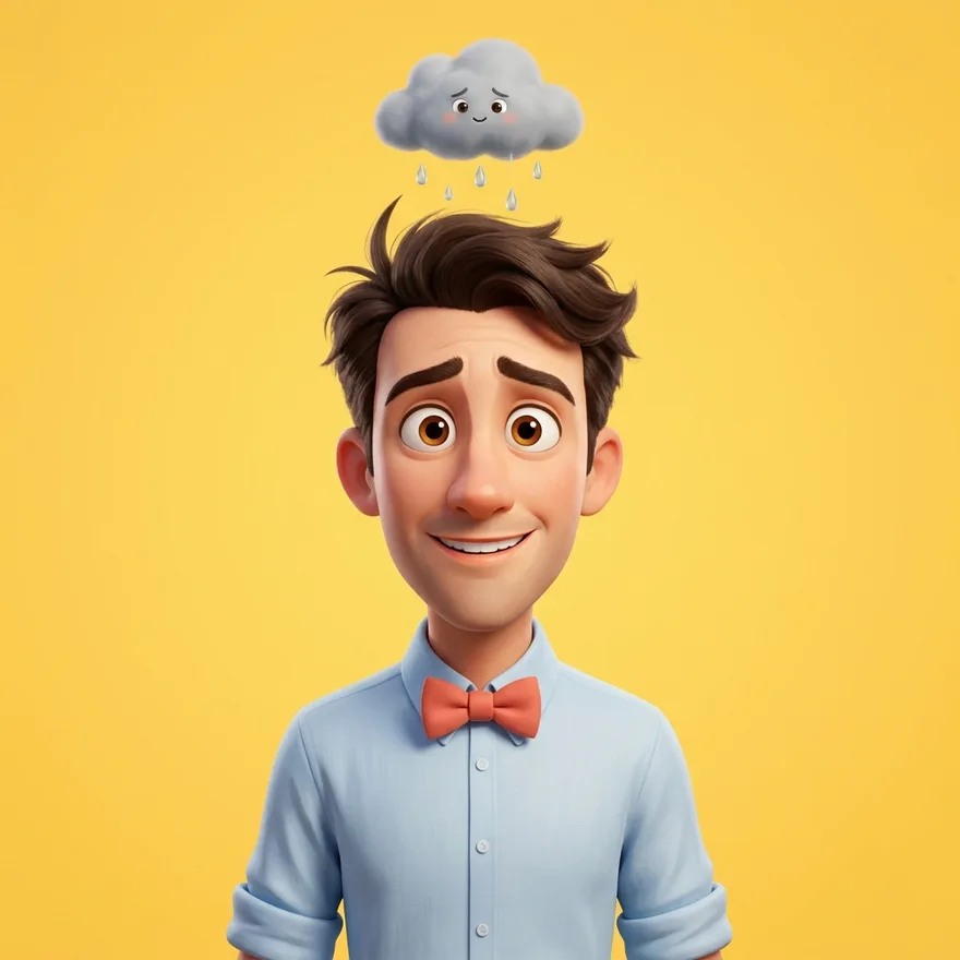 Lawrence, a hopeful young man in a blue shirt and orange bow tie, with a tiny rain cloud over his head